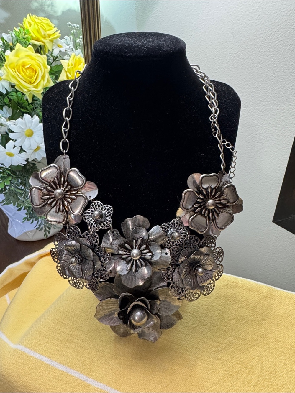 Floral Statement Necklace in Antique Silver - Women Jewelry